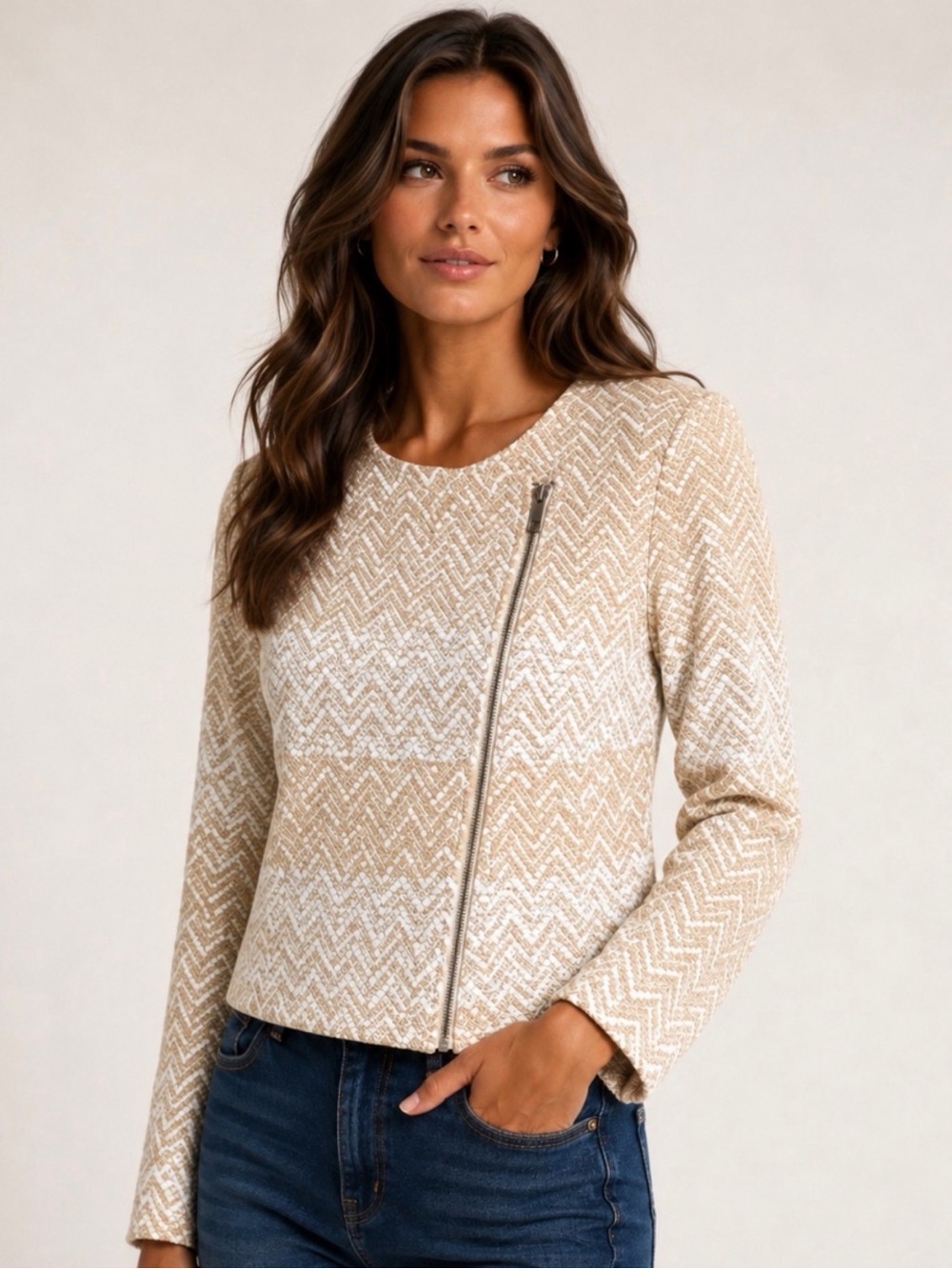 1.STATE Textured Chevron Zip-Front Women’s Top - Cream Sz XS